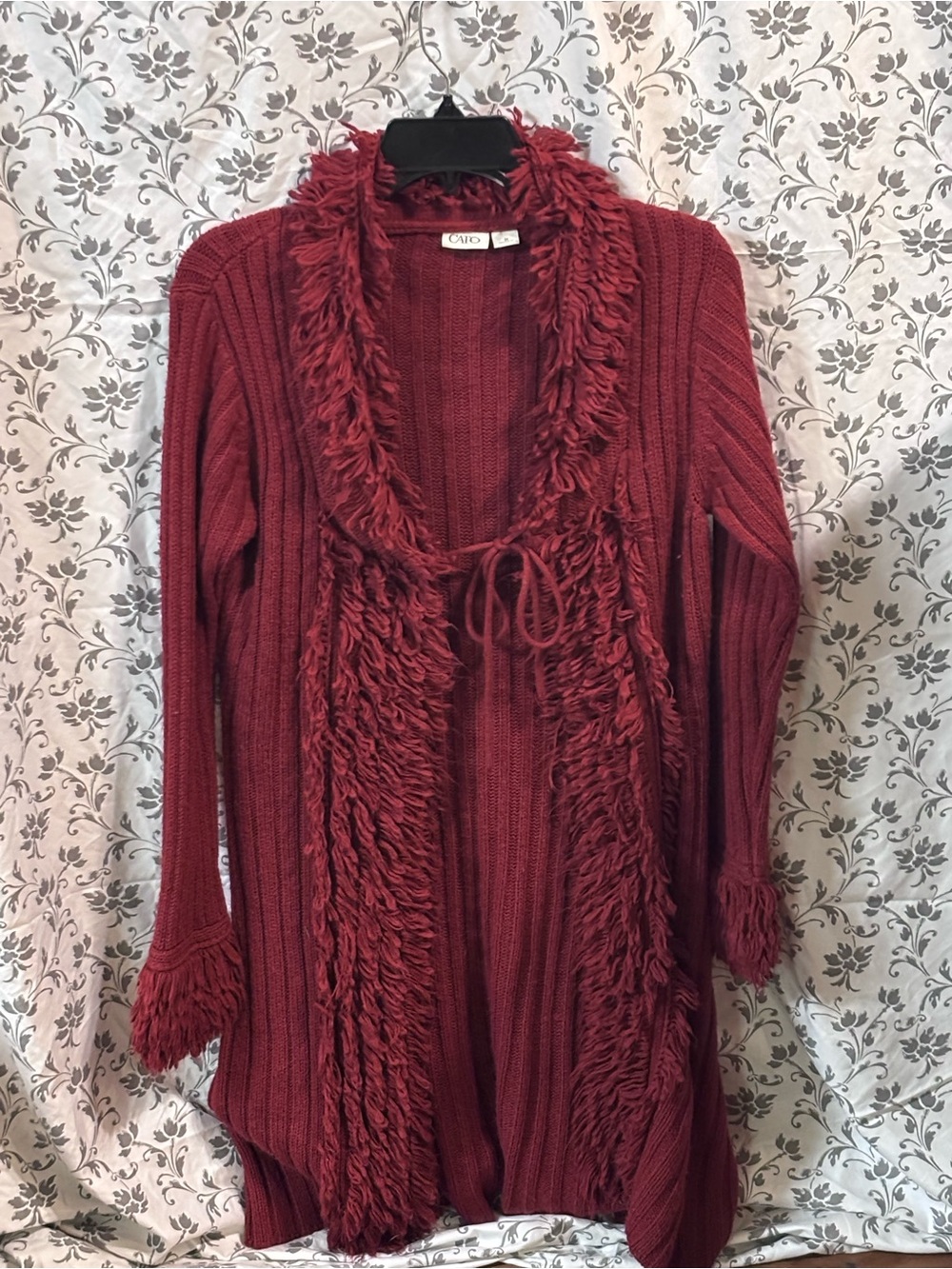 Cato Burgundy Open-Front Fringe Tie Cardigan Sweater